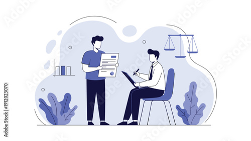 Legal consultation concept showing a man presenting a document to a lawyer sitting at a desk with scales of justice in the background scene area.