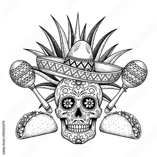 Day of the Dead Sugar Skull with Taco and Maracas