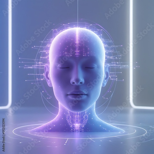 Futuristic portrait exploring AI identity and digital self transformation through glowing data grids, neural patterns and minimalist cyber aesthetics, blending humanity with advanced technology.