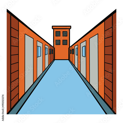 A dim, narrow prison corridor stretches endlessly, lined with cold, gray cell doors, flickering lights casting shadows, echoing footsteps, and a sense of confinement.
