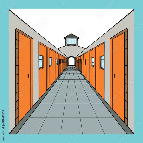 A dim, narrow prison corridor stretches endlessly, lined with cold, gray cell doors, flickering lights casting shadows, echoing footsteps, and a sense of confinement.
