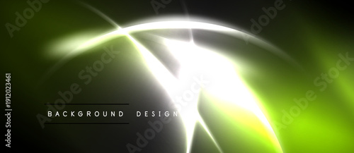 Abstract green light streaks. Bright glow radiates from center, dark edges create contrast. Modern design element.