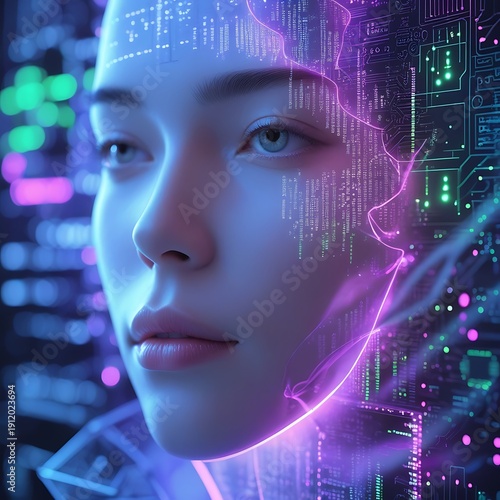 Futuristic portrait exploring AI identity and digital self transformation through glowing data grids, neural patterns and minimalist cyber aesthetics, blending humanity with advanced technology.