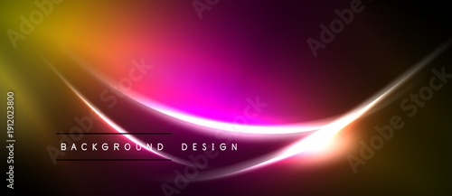 Abstract vibrant background. Smooth curves, bright colors blend. Dark space surrounds glowing lines, text present below.