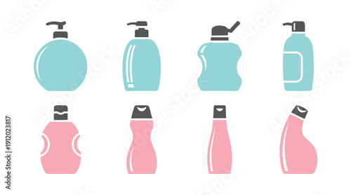 Trendy flat-style shampoo bottle icons collection, ideal for your website design, logo, app, or UI. Vector illustration.

