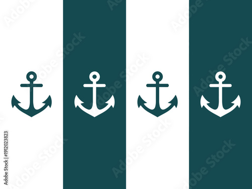 A graphic design featuring four anchor symbols on a white and dark teal background