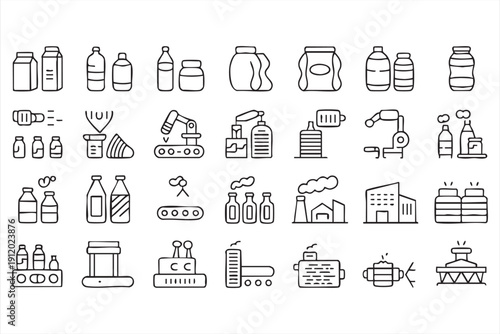 Factory Production Outline Icons with Conveyor