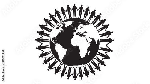 Global unity illustration showing silhouettes encircling a stylized Earth to convey togetherness and global harmony.