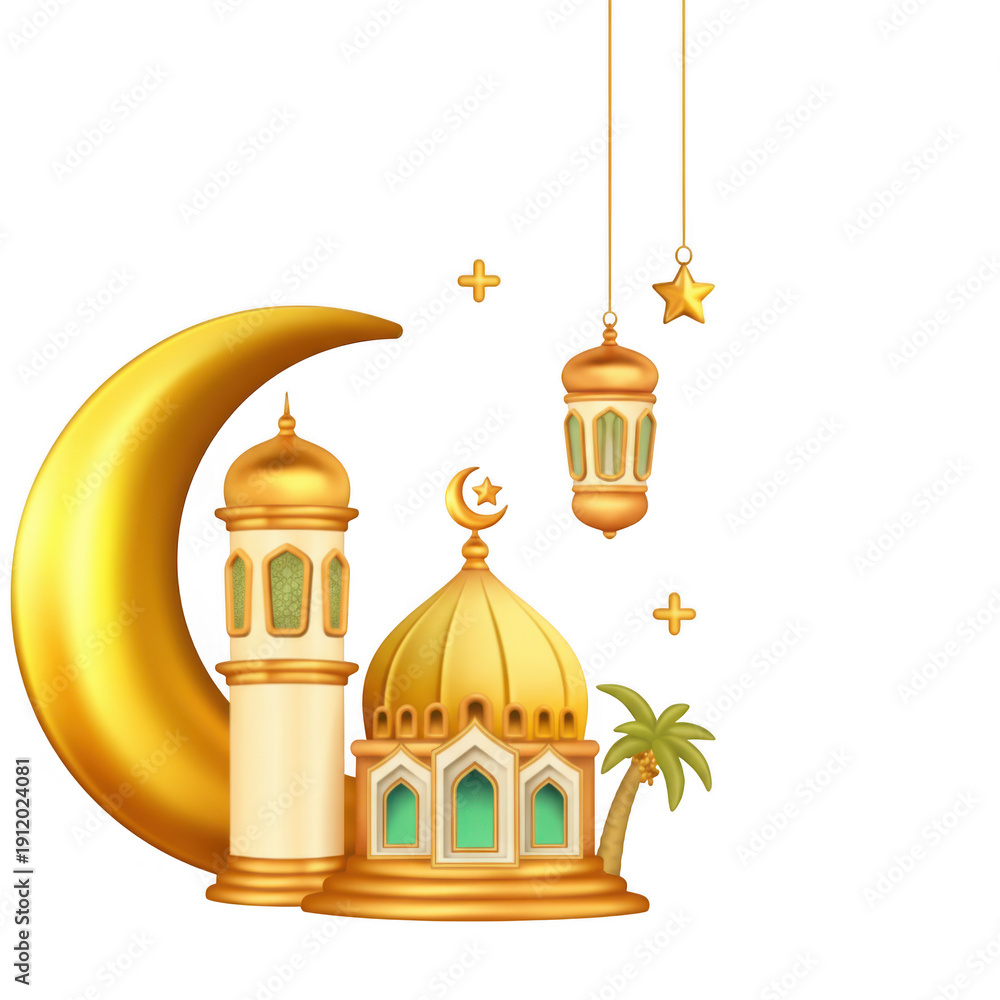 Naklejka premium Golden Crescent Moon, Mosque Tower, and Ramadan Lanterns in 3D Render with Palm Tree - Festive Islamic Holiday Illustration