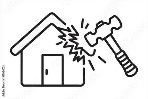 House Damage Repair Outline Icon with Hammer