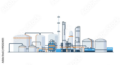 A detailed illustration of a modern industrial complex with various tanks, pipes, and distillation columns under a white sky.
