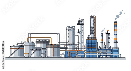 A detailed illustration of a large industrial complex featuring multiple storage tanks, processing units, and smokestacks emitting fumes.