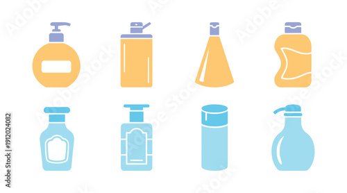 A set of shampoo bottle icons in a stylish flat design, perfect for your website, logo, app, or UI. Vector illustration.

