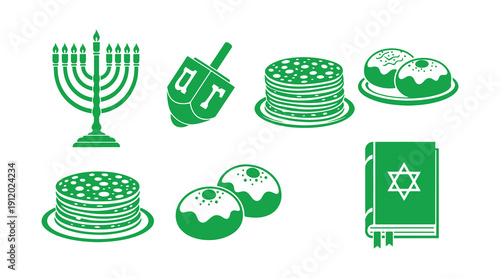 Hanukkah-themed icon set, stencil silhouettes on a white surface. Featuring a menorah, dreidel, latkes, and sufganiyot, along with a Torah book that has the Star of David symbol. Vector clipart 