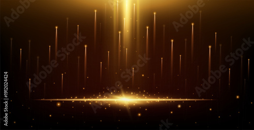 Stage background. Vector horizontal illustration of scene with golden light rays, spotlights, stars, sparkling glitter. Vertical rays for a concert, anniversary, or event presentation. Award ceremony 