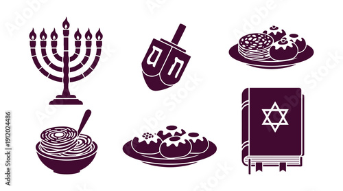 Set of Hanukkah icons, stencil silhouettes isolated on a white backdrop. Includes a menorah, dreidel, latkes, and sufganiyot, plus a Torah book adorned with the Star of David. Vector clipart