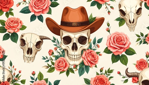 Skulls in a cowboy hat amidst roses and leaves, creating a morbid floral pattern on light tan background