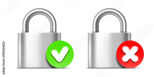 Vector steel padlocks with yes and no buttons related to security, safety, protection. Realistic illustration isolated on white background