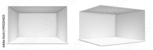 Two white rooms, front and half-turned view. Realistic mockup or template illustration with empty space for product presentation