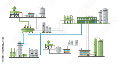 Illustration of a complex industrial chemical processing plant with interconnected tanks, pipes, and buildings.