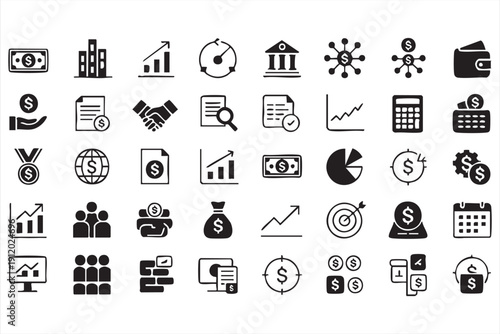 Business Finance Outline Icons with Money and Charts