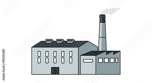 A simple illustration of a factory building with a tall smokestack emitting smoke.