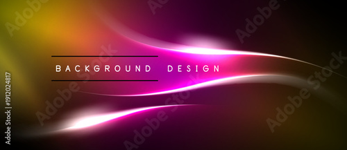 Abstract background features vibrant curves, gradients. Yellow, pink hues dominate dark space. Text reads background design. Smooth, flowing lines create dynamic visual.