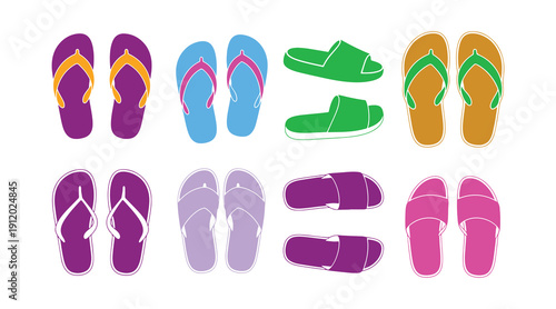 Fun colored slippers and flip flops vector set. Elements for a summer beach theme. Vector drawing