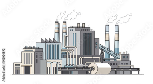 A detailed illustration of a large industrial factory complex with multiple buildings, smokestacks emitting smoke, and large pipes.
