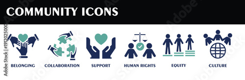 Commnunity icons. Containing belonging, collaboration, support, human rights, equity, culture. Flat Design Vector Set.
