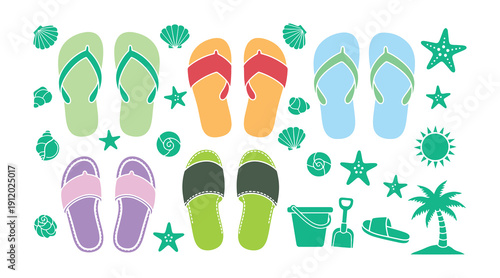 Cute flip flops and colored slippers vector pack. Summer beach design components. Vector image