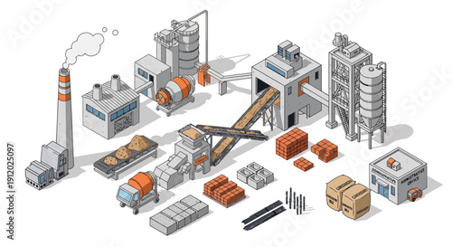 Isometric illustration of a modern concrete batching plant with various components and finished products.