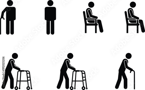 Elderly person mobility aid icon set with cane walker and wheelchair vector illustration isolated