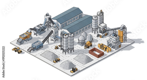 Isometric illustration of a modern concrete batching plant with silos, mixers, conveyors, and construction vehicles.