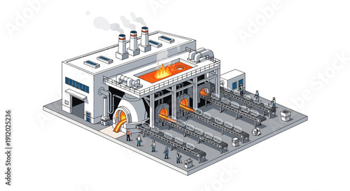 Isometric illustration of a modern industrial steel manufacturing plant with molten metal processing and production lines.