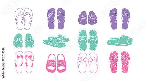 Lovely colored slippers and flip flops vector assortment. Summer beach design features. Vector graphic