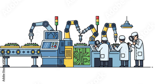 Automated robotic arms assemble electronic components on a conveyor belt in a modern factory setting with human technicians overseeing the process.