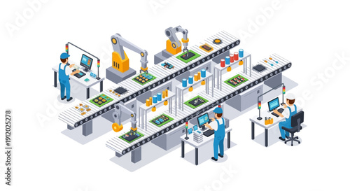 Automated assembly line with robotic arms and workers in a modern manufacturing facility.