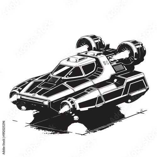 Stylized futuristic armored rover with dual thrusters navigating rugged terrain.