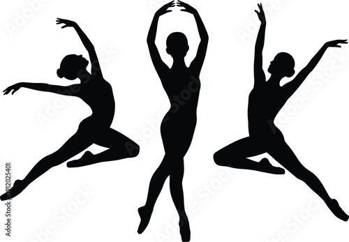 Ballet dancer silhouettes collection showing graceful female performers in elegant poses, black vector illustration ideal for dance themes, performance art, movement, isolated on white background