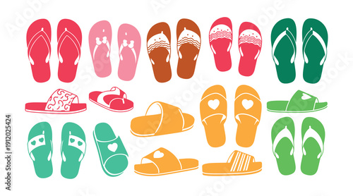 Charming colored flip flops and slippers vector set. Design elements for summer beach vibes. Vector illustration