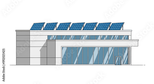 Modern commercial building with solar panels on the roof, showcasing sustainable energy integration.
