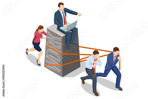 Isometric business concept with leader sitting on heavy stone while team pull with rope. Authority, control, delegation and corporate pressure metaphor. Isometric management and teamwork illustration.