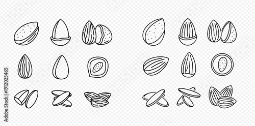 Almond nut set in hand drawn doodle style, whole and shelled nuts, healthy food vector illustration.