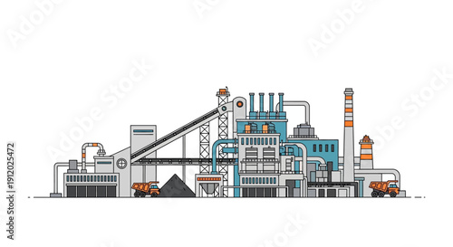 Illustration of a large industrial complex with conveyor belts, trucks, and smokestacks, representing heavy industry and manufacturing.