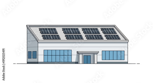 A modern commercial building with a large roof covered in solar panels, symbolizing renewable energy and sustainability.