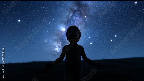 A child gazing at the vast night sky, symbolizing limitless dreams, potential, and belief in oneself