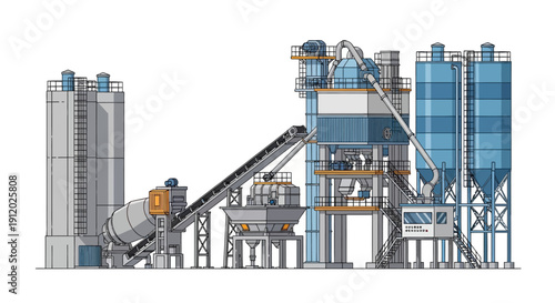 Illustration of a modern industrial concrete batching plant with silos, mixers, and conveyor belts.