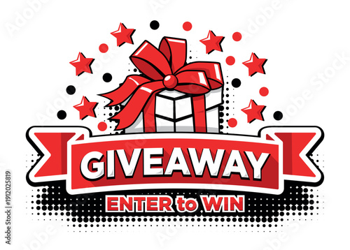 Enter to Win banner with gift box and ribbon. Give away vector ad on transparent background