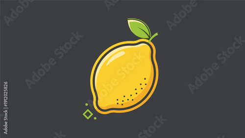 Minimalist vector illustration of a whole yellow lemon fruit with a green leaf on a dark charcoal grey background.